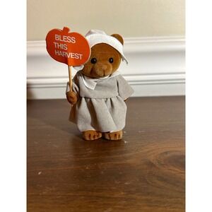 Vintage Flocked Pilgrim Teddy Bear Figurine Bless This Harvest Thanksgiving